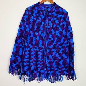 Vintage Handmade Knit Button Front Blanket Poncho